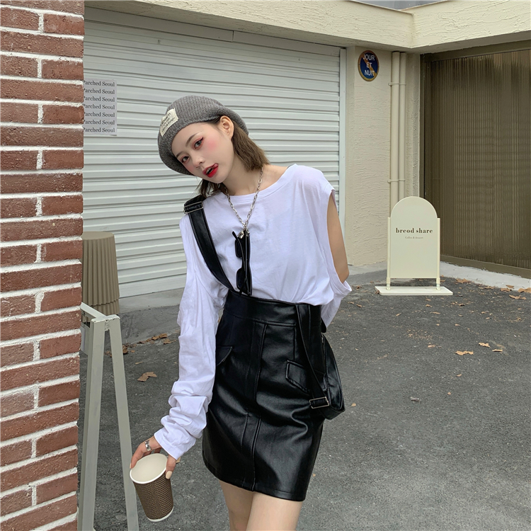 Real shot real price winter new Korean version wear PU leather versatile strap skirt women's skirt