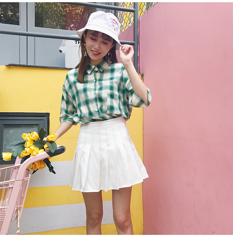 VK旗艦店 韓國學院風格子格紋短袖襯衫短袖上衣