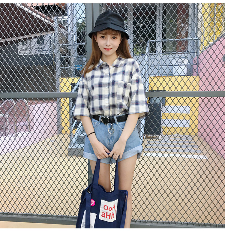 VK旗艦店 韓國學院風格子格紋短袖襯衫短袖上衣