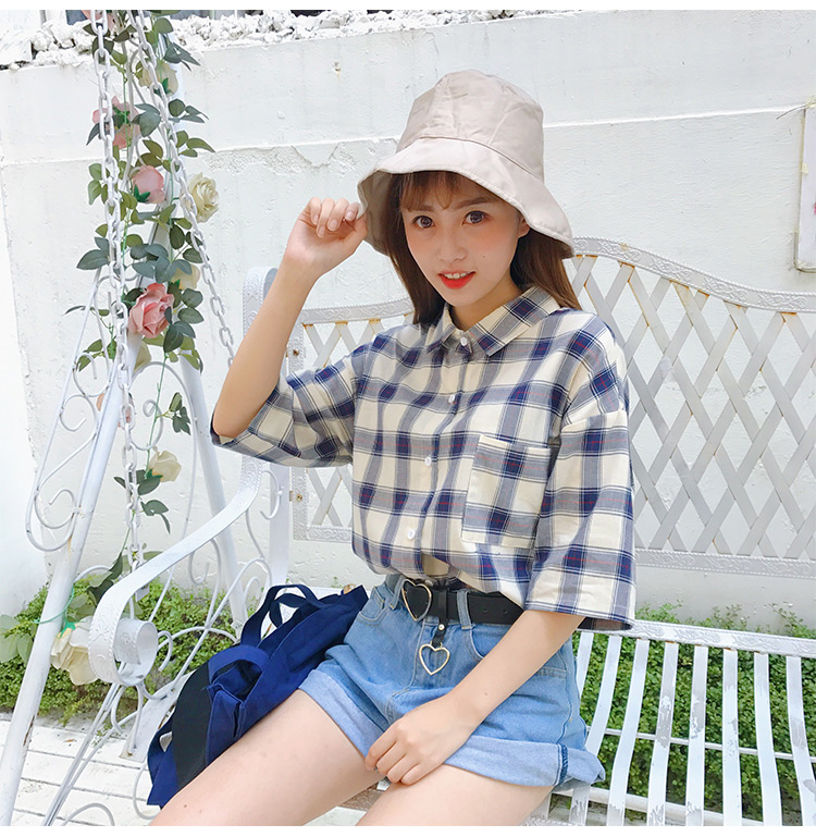 VK旗艦店 韓國學院風格子格紋短袖襯衫短袖上衣
