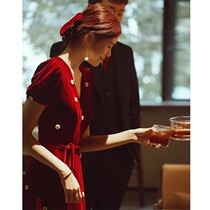 V Collar Long Sleeves Toast Bridal Wedding A Shea Feast Engagement Dress 2021 Fall Wine Red Velvet Evening Gown Woman