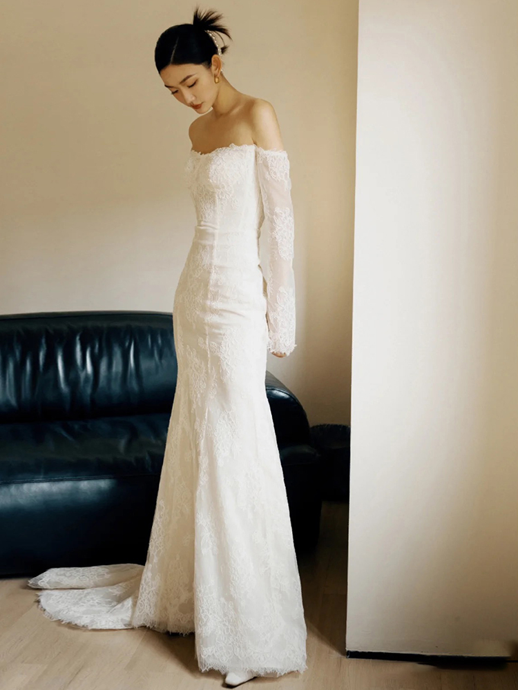 Lace retro wedding dress, evening dress, long sleeve, open shoulders, 2023 collection, Mori, lace dress,  Lace retro wedding dress, evening dress, long sleeve, open shoulders, 2023 collection, Mori, lace dress,