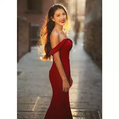 Bride toast 2021 new summer wedding wine red one shoulder tailing simple satin dress slim girl