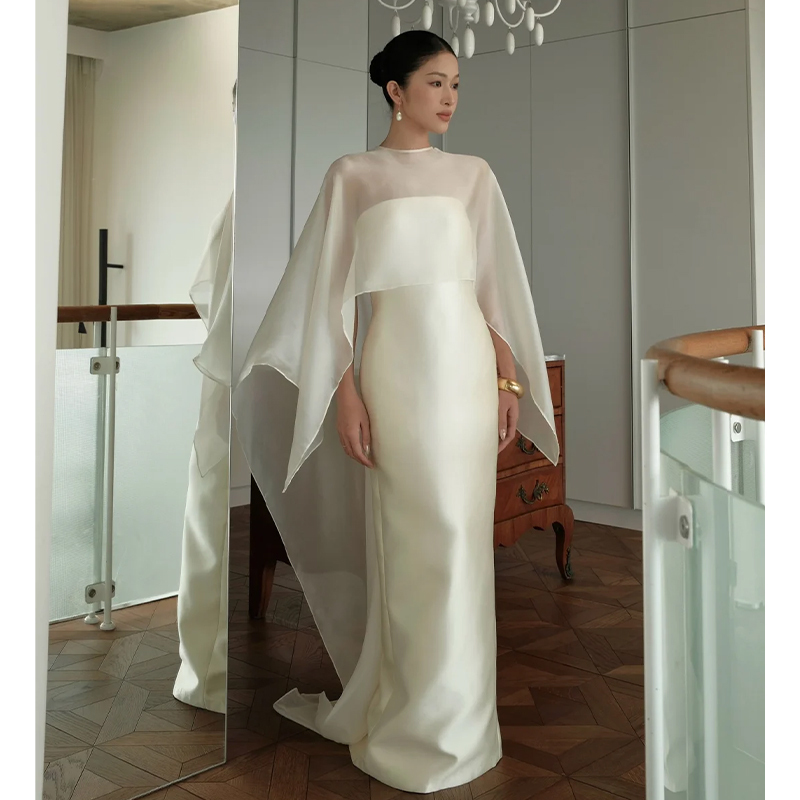 French-Style High-End Niche Morning Gown for Women, White Cape-Sleeve Dress for Engagement Ceremony, Elegant Evening Gown French-Style High-End Niche Morning Gown for Women, White Cape-Sleeve Dress for Engagement Ceremony, Elegant Evening Gown