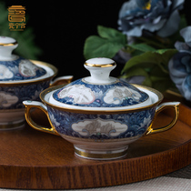 Gold blue and white enamel color ceramic stew Cup with lid water stew birds nest small dessert Cup household soup cup Buddha jump wall