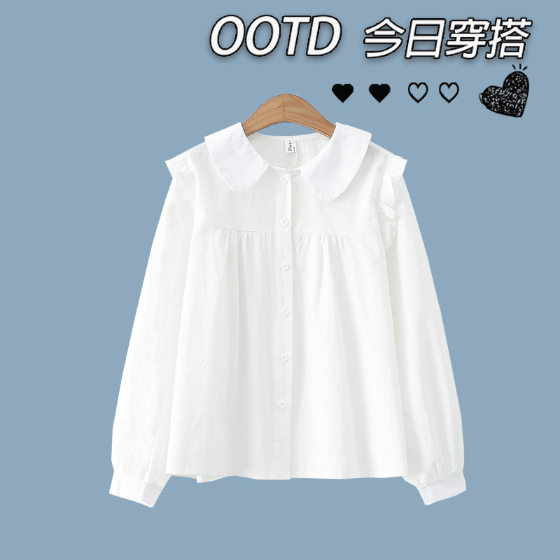 2024 Summer New Style Girl's Junior High School Student Doll Collar White Long-Sleeved Shirt Female Middle School Student Casual Loose Shirt
