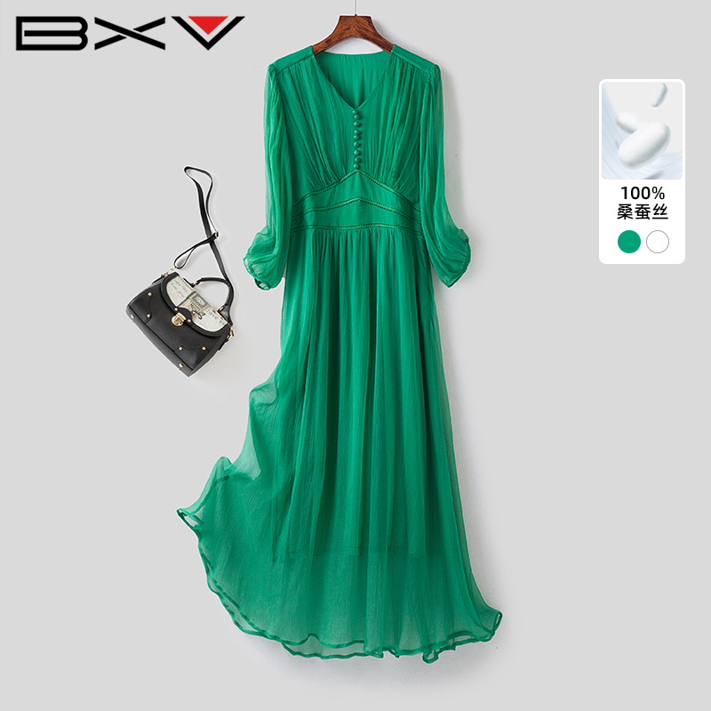 Bxv Solid Color Silk Dress for Women 2025 Summer New Simple V-Neck Waist-Cinching Three-Quarter Sleeve Mulberry Silk Long Dress