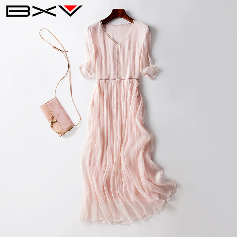 Bxv Mulberry Silk Dress Women's Mid-Length 2026 Summer New Style Pink Silk Dress Slimming Super Fairy Long Dress