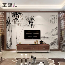 Retro new Chinese classical ink painting bamboo wallpaper Chinese style living room TV background wall Teahouse bamboo leaf wallpaper
