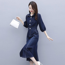 Denim Dress Dress Woman Mid 2022 Early spring Han version of the new casual close-up waist repair 70% sleeves over knee long dress