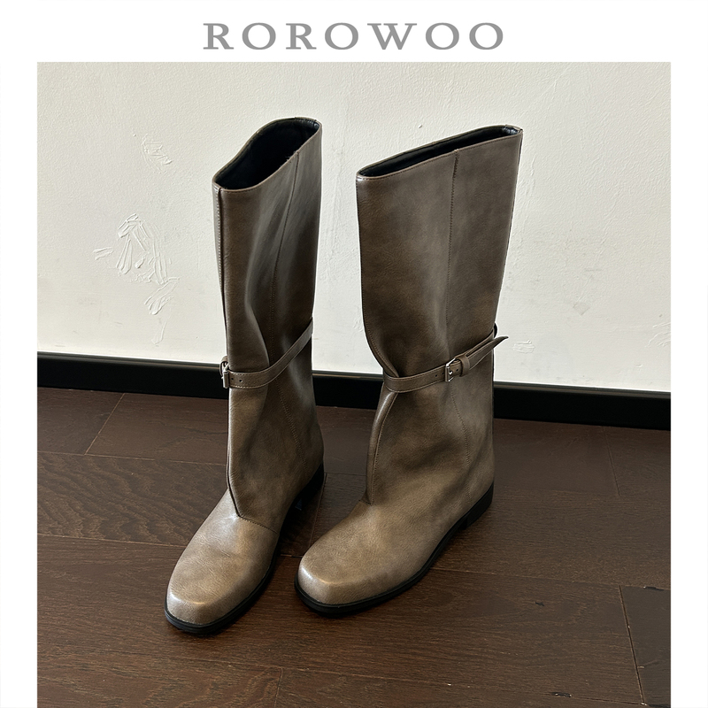 Rao Rao Wu Retro Knee-High Minimalist Round-Toe Belt Buckle Riding Boots British Style Versatile Comfortable Long Boots for Women X210