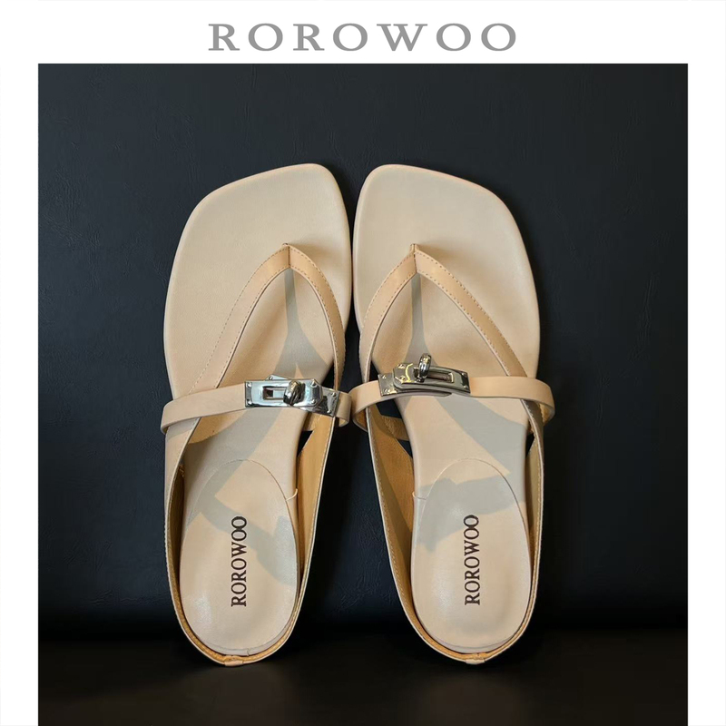 Rao Rao Wu First-Layer Cowhide Metal Buckle Open-Toe Low-Heeled Slippers for Women, Versatile Summer Commuting Sandals M188