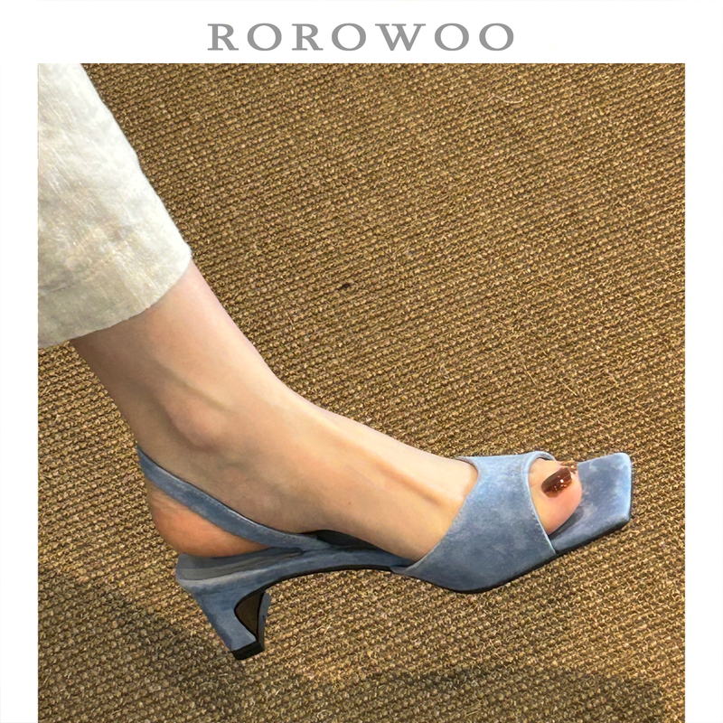 Rao Rao Wu Retro Aqua Blue First-Layer Sheepskin One-Strap Chunky Heel Open-Toe Sandals Mid-Heel Breathable New Model D100