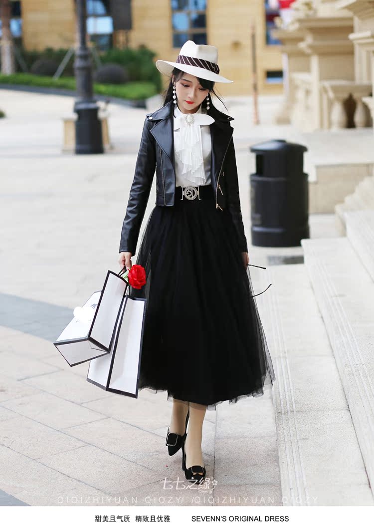 Seven Seven Edge 2019 Mùa xuân Mới của phụ nữ Hàn Quốc Đen Zipper dài tay áo khoác da ngắn - Quần áo da áo da nữ dáng dài