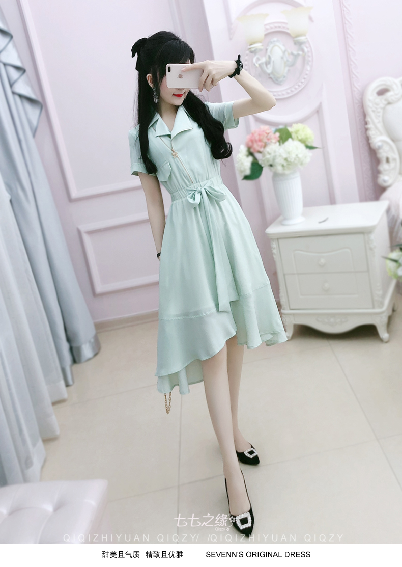 Seven Sevens Edge 2019 Summer New Women Phiên bản Hàn Quốc Màu xanh lá cây Mặt trước ngắn Dây kéo dài Đầm voan - Sản phẩm HOT đầm dự tiệc sang trọng trẻ trung