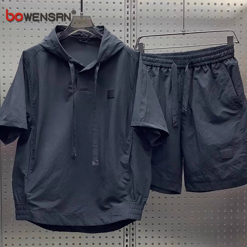 Trendy Brand Ice Silk Casual Suit for Men 2026 New Summer Sun Protection Hooded Short-Sleeved Shorts Men's Outfit Set Trendy Brand Ice Silk Casual Suit for Men 2026 New Summer Sun Protection Hooded Short-Sleeved Shorts Men's Outfit Set