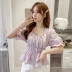 Mùa xuân 2020 mới tay áo bong bóng khí cổ áo sơ mi nữ eo vuông cổ áo màu rắn nhỏ áo sơ mi nữ ngắn - Áo sơ mi chiffon ren Áo sơ mi chiffon ren