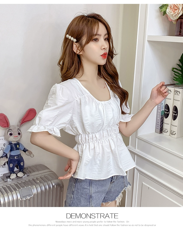 Mùa xuân 2020 mới tay áo bong bóng khí cổ áo sơ mi nữ eo vuông cổ áo màu rắn nhỏ áo sơ mi nữ ngắn - Áo sơ mi chiffon ren