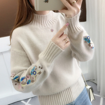 Velvet thickened sweater womens 2021 new autumn and winter pullover loose semi-turtleneck top Western-style base shirt