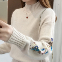 Knitted thin top womens 2021 new autumn wild student loose embroidered short half high neck womens sweater