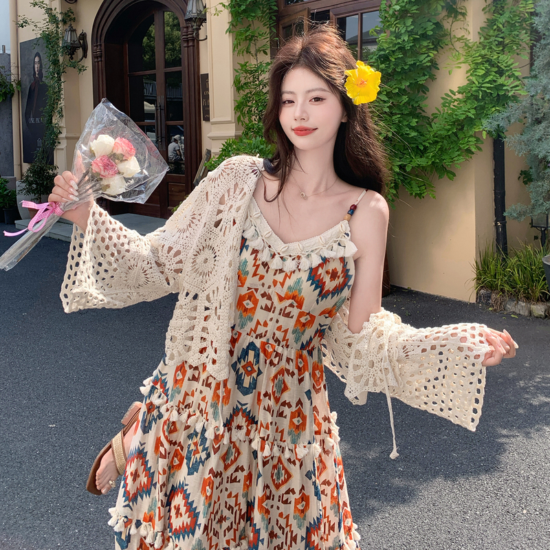 Ethnic Style Printed Chiffon Suspender Dress Plus Cardigan Two-Piece Set for Women, Bright Dopamine, Stunning Holiday Long Dress
