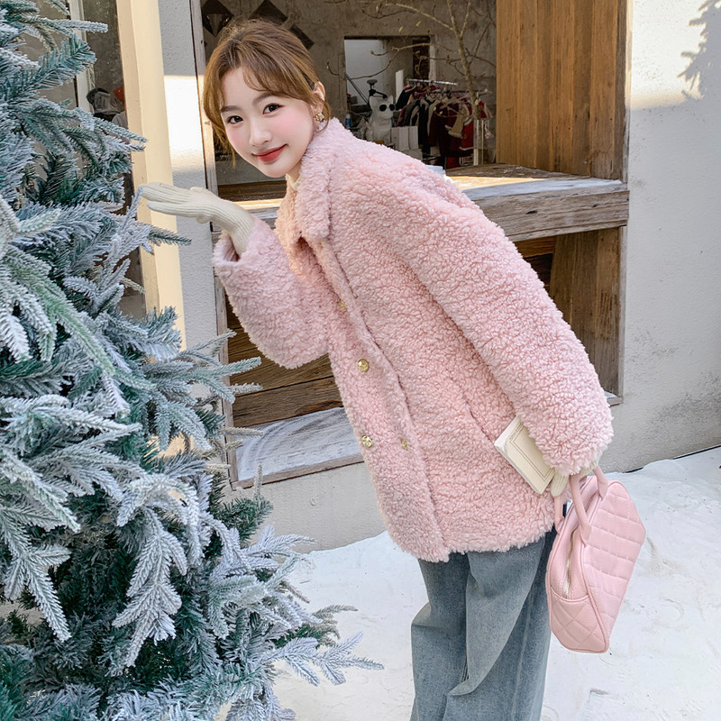 Pink Fur Integrated Coat for Women, Autumn and Winter, Super Popular, Stylish, High-End, Niche, Fleece-Lined, Thickened Lamb Wool Short Jacket