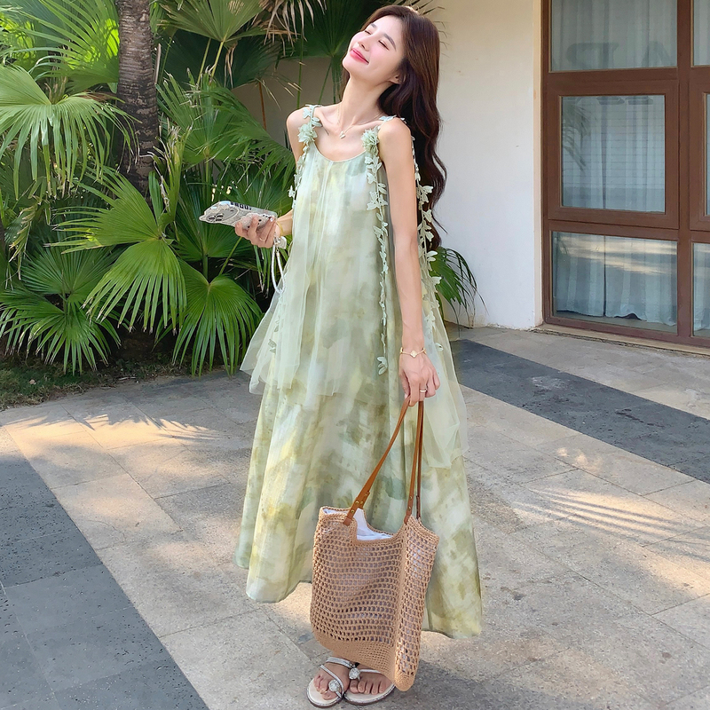 Unique and Beautiful Mesh Patchwork Green Gradient Chiffon Spaghetti Strap Dress for Women, Stunning Fairy-Like Forest Style Vacation Long Dress