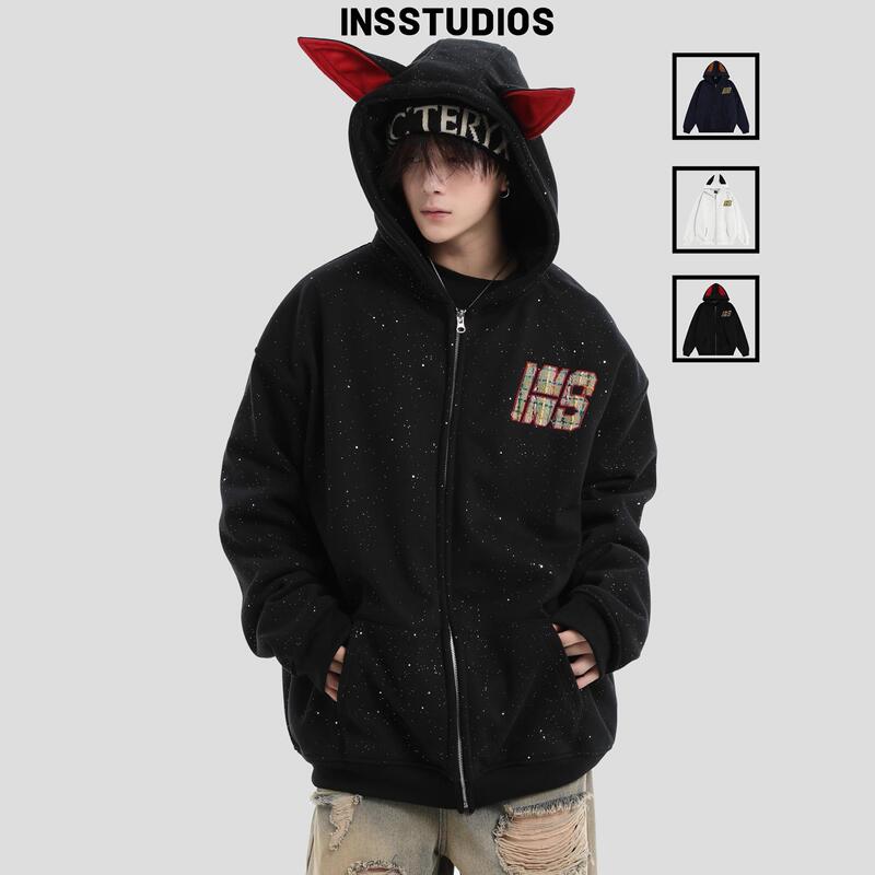 Insstudios Chinese-Style Couple American Doberman Ears Hoodie with Starry Sky Pattern and Fleece-Lined Cardigan Jacket Insstudios Chinese-Style Couple American Doberman Ears Hoodie with Starry Sky Pattern and Fleece-Lined Cardigan Jacket