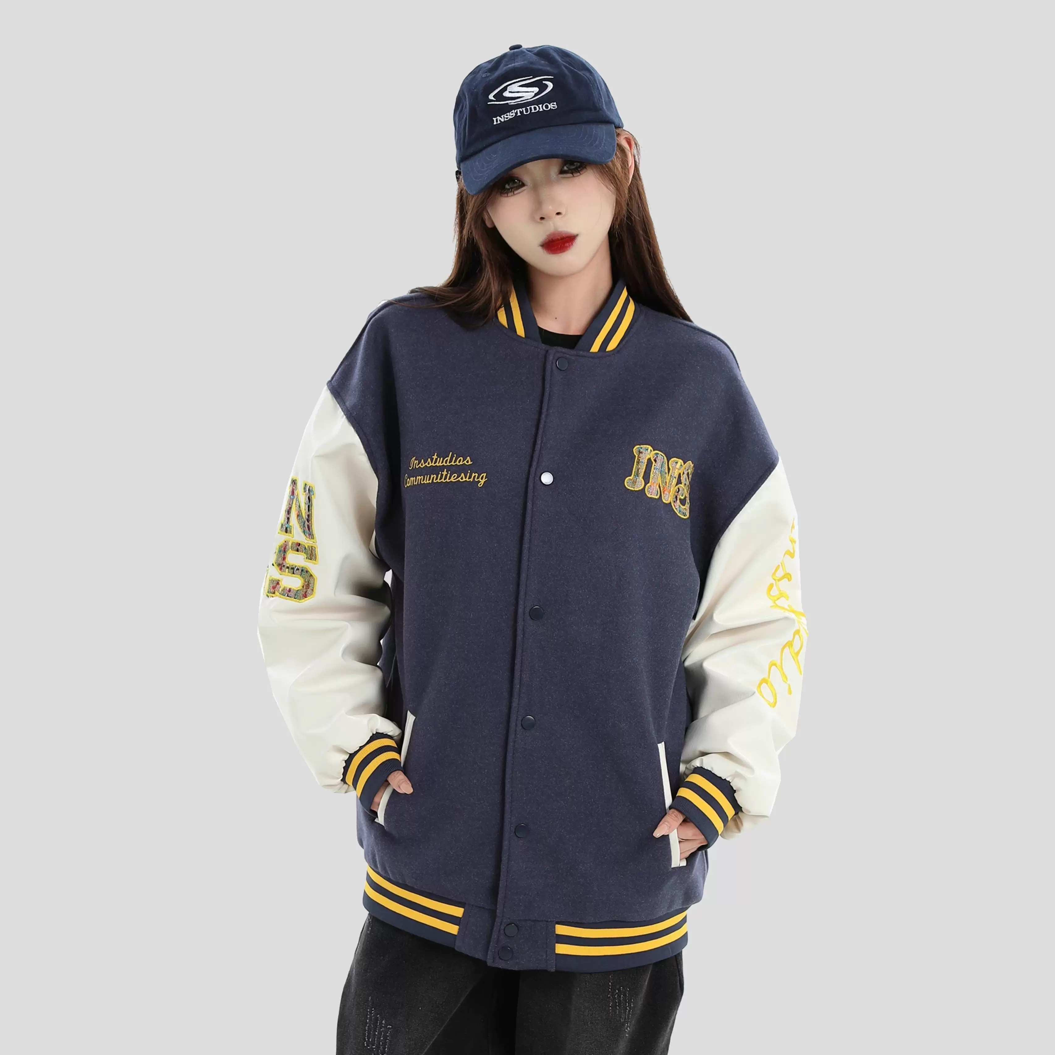 Джинсовая ткань INSstudios этнический бейсбол uniform, куртка, американский стиль, свободный крой