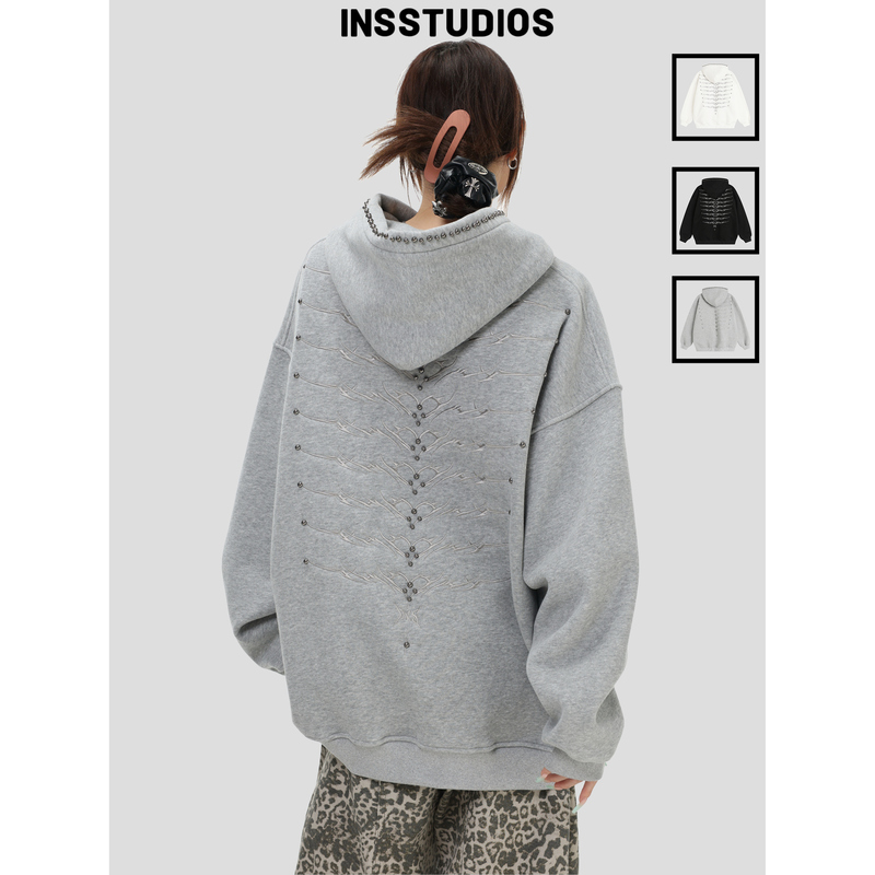 Insstudios Chinese-Style Couple's American-Style "Rivet Spine Embroidery Hoodie Loose Fleece Hoodie with Hood Insstudios Chinese-Style Couple's American-Style "Rivet Spine Embroidery Hoodie Loose Fleece Hoodie with Hood