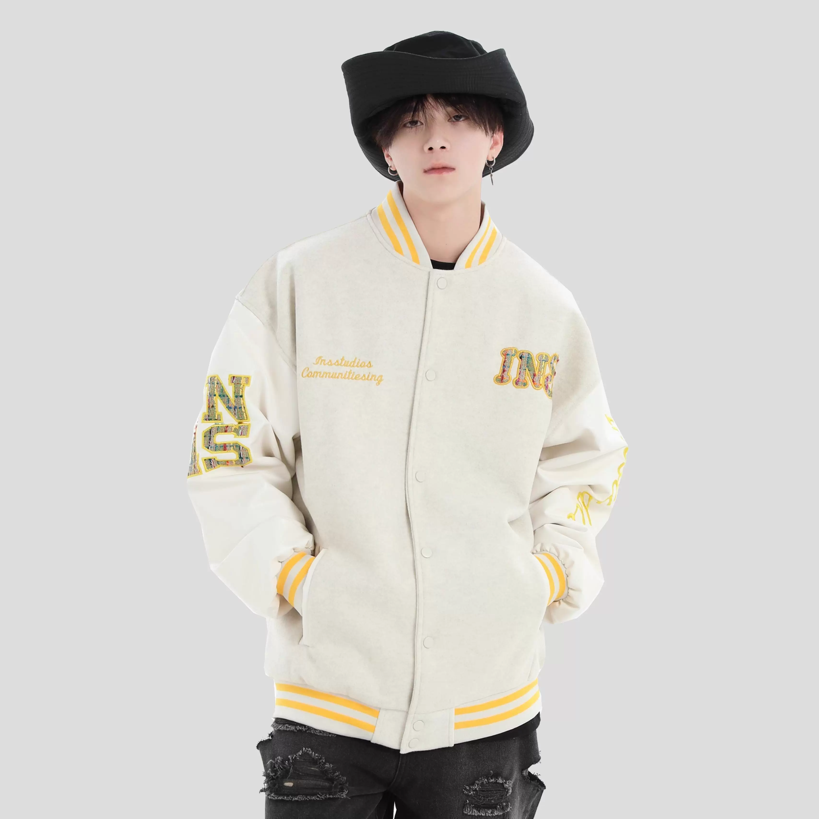 Джинсовая ткань INSstudios этнический бейсбол uniform, куртка, американский стиль, свободный крой