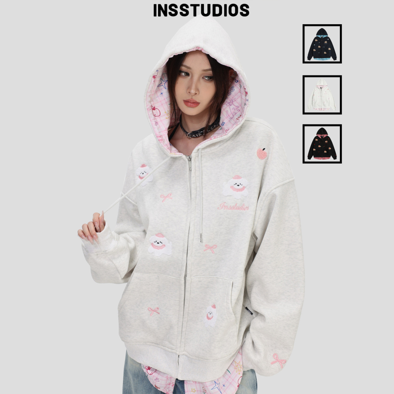 Insstudios Chinese-Style American Fashion "Towel Embroidery Dog Fake Two-Piece Sweatshirt Loose Fleece Cardigan Jacket