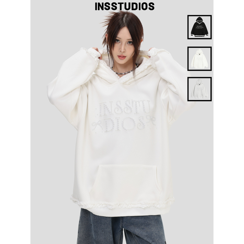 Insstudios Chinese Trendy Brand American-Style "Pearl-Trimmed Hooded Sweatshirt with Ruffled Edges, Loose Fit, Fleece-Lined Top Hoodie
