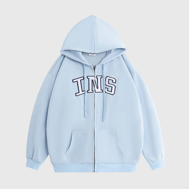 ຊຸດສີຄີມ INSstudios ສີ່ສີ LOGO cardigan homemade ແນວໂນ້ມແຫ່ງຊາດຄູ່ຜົວເມຍວົງ knitted soft sweatshirt zipper jacket