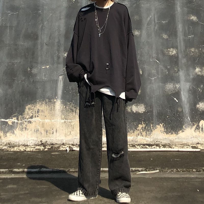 INSstudios 21ss Korea Ins Trend Retro Dark Black Ensemble Breaking of Jeans Straight Barrel Pants Trousers Long Pants