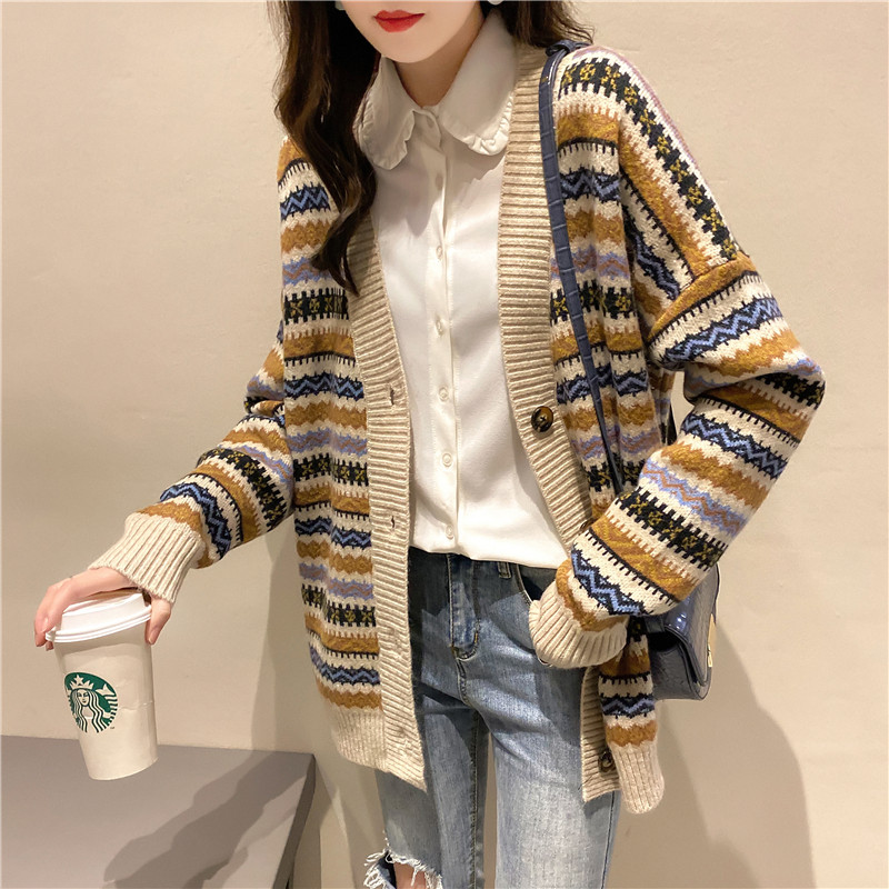 Fashion Striped Sweater Cardiovert Jacket Woman 2021 New Spring Autumn Season Knit Foreign Delivery V Collar Loose Jacket Tide