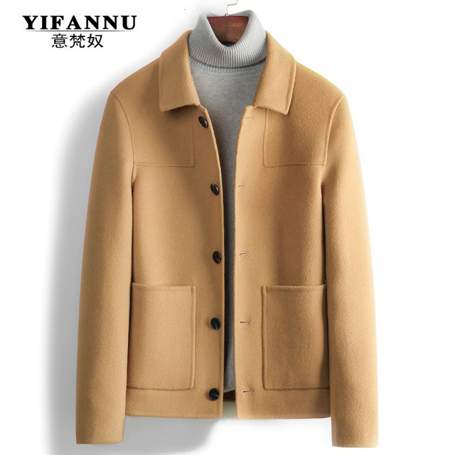 ເສື້ອຄຸມຂົນສັດສອງດ້ານທີ່ເຮັດດ້ວຍມືບໍລິສຸດສໍາລັບຜູ້ຊາຍ 100% ເສື້ອຂົນແກະສັ້ນ cashmere-free jacket woolen coat Korean ດູໃບໄມ້ລົ່ນແລະລະດູຫນາວແບບໃຫມ່