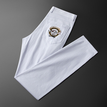 Summer white casual pants mens body slim fit mens fashion embroidered trousers Young handsome and white pants mens feet