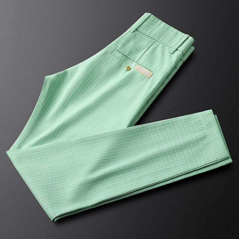 Light Luxury, Good Quality, Light Green Plaid Casual Pants for Men, Summer Slim Fit, Lightweight and Breathable, Men's Mid-Waist Straight-Leg Pants