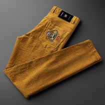 Autumn Winter Thick style earth yellow casual pants mens body warm men mid-waist elastic light core suede pants mens feet