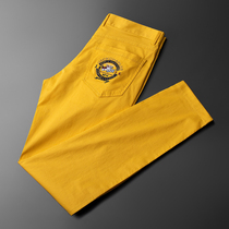 Summer Yellow Casual Pants Mens Slim Fit Fashion Quality Mens Pants Trend Embroidered Men Color Pants Small Feet