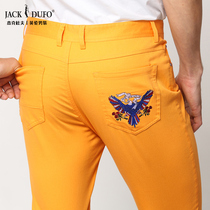 Spring Summer Yellow Jeans Mens Body Small Feet Elastic Colored Embroidered Old Eagle Men Casual Pants Wear damp