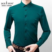 Spring Autumn Season Green Shirt Male long sleeves Elastic Anti-wrinkle Men Business Positive Dress Silk Slip Free of Scalding Male Tide