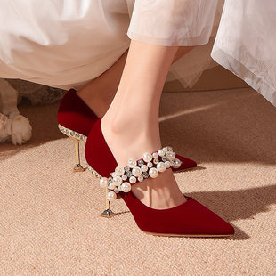 Свадебные туфли, обувь, красное обручальное кольцо для невесты, кварц на высоком каблуке, коллекция 2023, китайский стиль, против усталых ног