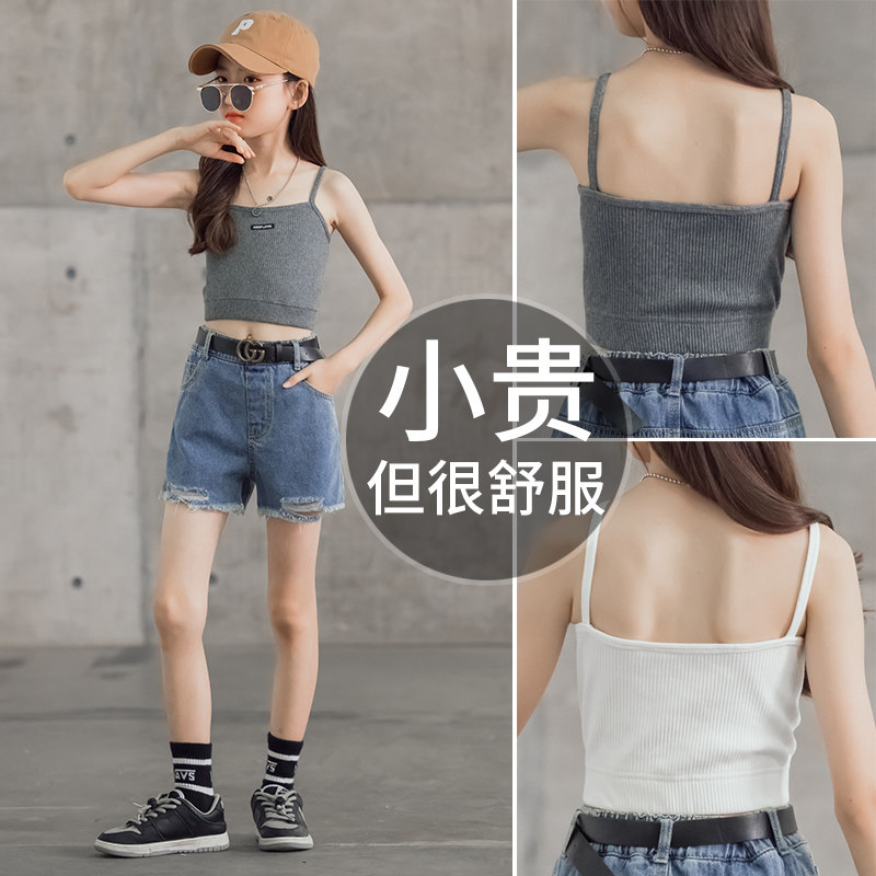 Girls camisole summer thin cotton outer wear big children summer fashion camisole children's short top trendy