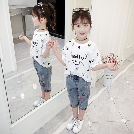 Girls T-shirt 2024 new summer clothes for big children round neck short-sleeved tops girls cartoon loose printed T-shirts trendy