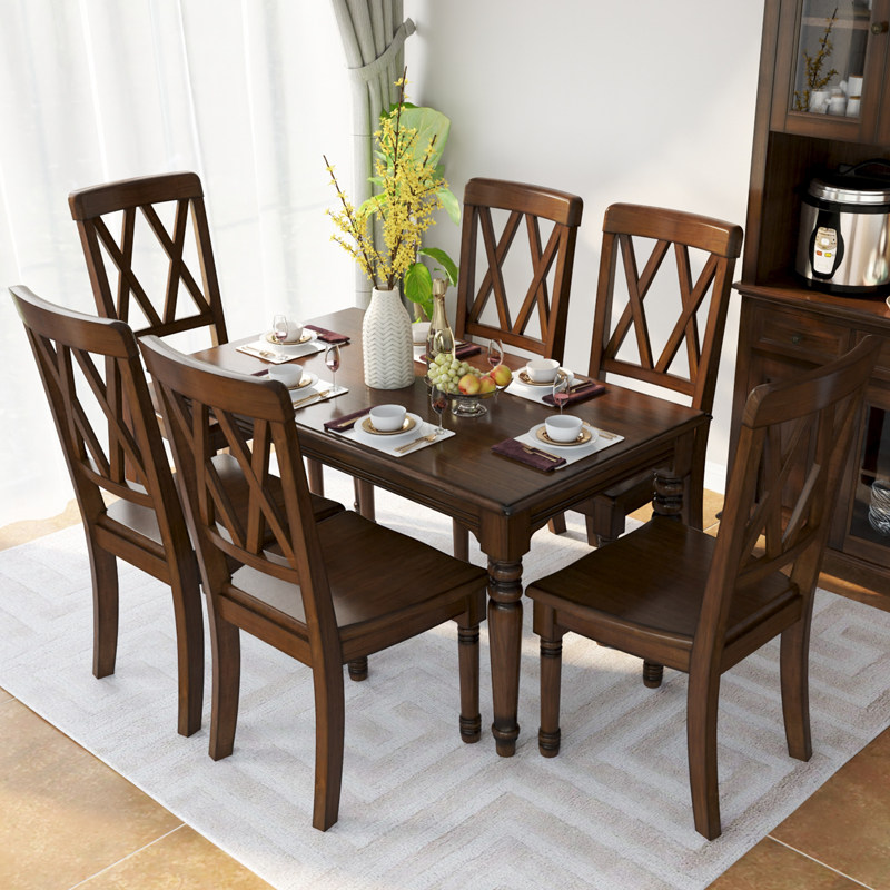 Pure solid wood dining table simple American country household dining table size apartment rectangular square table dining table and chair combination