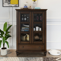 American rural side cabinet minimalist pure solid wood wine cabinet living-room retro standing cabinet containing cabinet leaning against wall glass door decoration cabinet