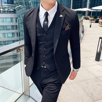 Mens suit slim Korean casual suit suit suit student stripe business dress groom wedding dress trend