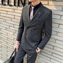 Mens suit three-piece double-breasted Korean slim trend Ruffian handsome single West British style suit mens coat